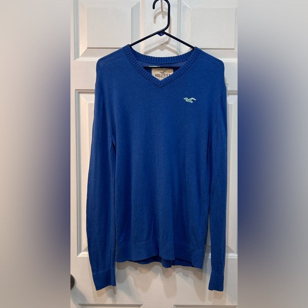 Hollister Men's Blue V- Neck Sweater Sz M Pullover Embroidered Seagull Logo Y2K